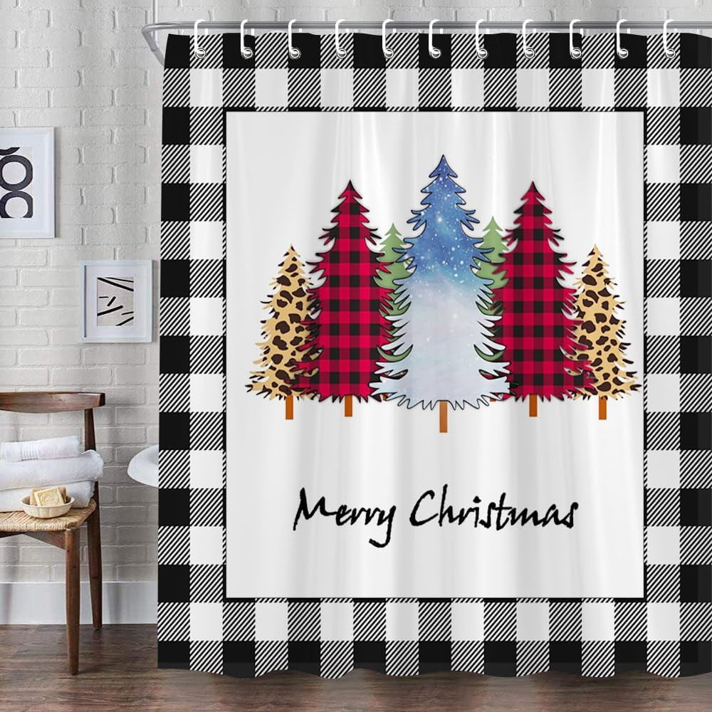 SPXUBZ Christmas Tree Shower Curtains Black White Buffalo Plaid Leopard Xmas Trees Happy New