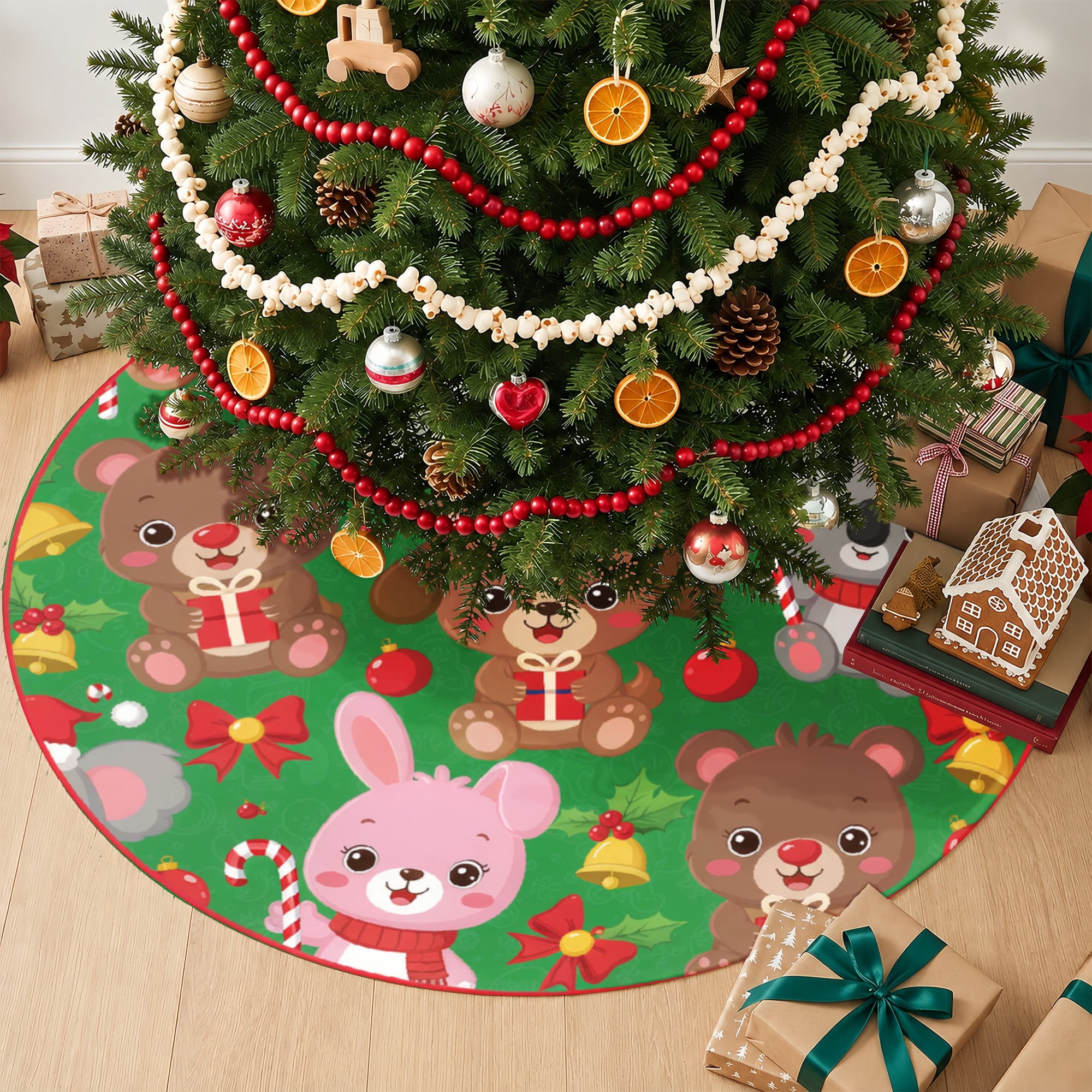 Shrong Pattern SPXUBZ Christmas Tree Skirt Linen Cute Animals Bunny Bear Pattern ...