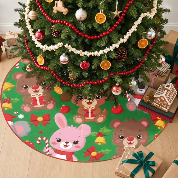 SPXUBZ Christmas Tree Skirt Linen Cute Animals Bunny Bear Pattern ...