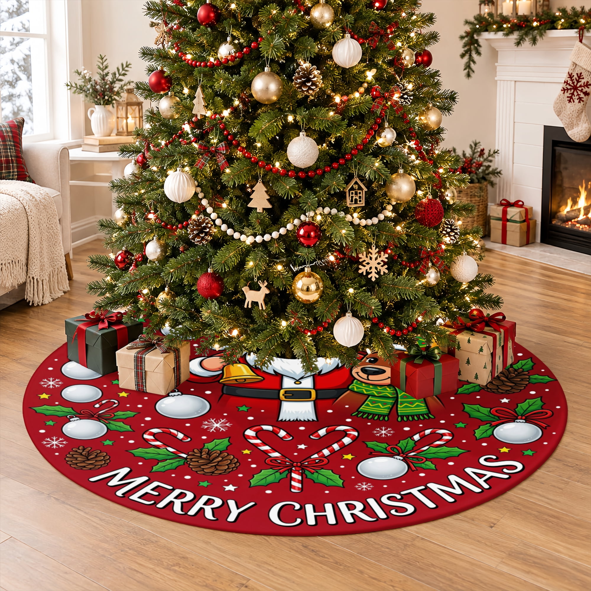 Red Breakfest Sign SPXUBZ Christmas Tree Skirt Linen Red Santa Claus Reindeer Holiday Tree ...
