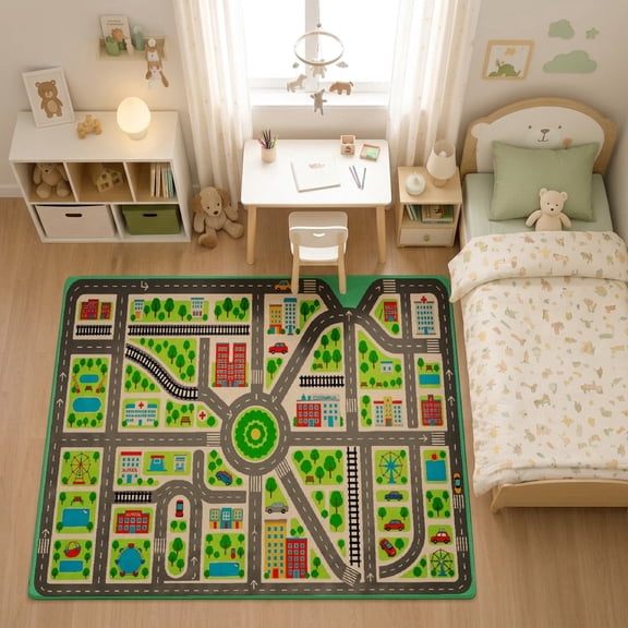SPXUBZ City Intersection Blocks Road Grid for son and daughter Play Rug, Soft Velvet City Road Map Area Rug for Playroom Bedroom, Educational Toy Car Track Floor Mat