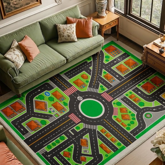 SPXUBZ City Road Play Mat Velvet Area Rug, Kids Traffic Map Floor Carpet, Soft Plush Non Slip Rug for Playroom 47.2×31.5in