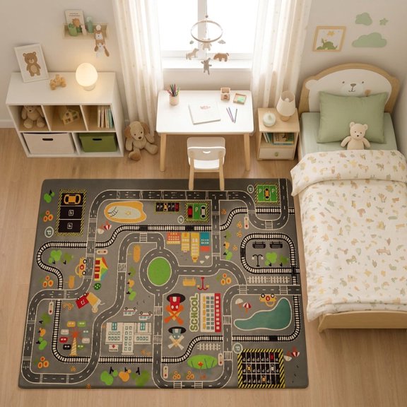 SPXUBZ Classic Grey Highway System Track Grid for son and daughter Play Rug, Soft Velvet City Road Map Area Rug for Playroom Bedroom, Educational Toy Car Track Floor Mat