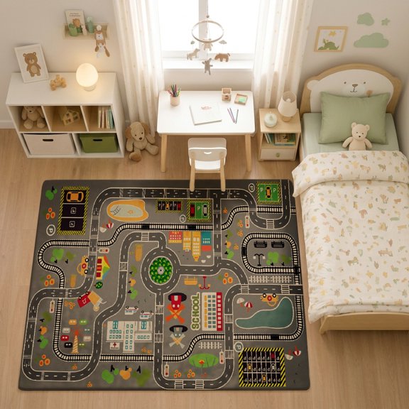 SPXUBZ Classic Grey Traffic Road Grid Map for son and daughter Play Rug, Soft Velvet City Road Map Area Rug for Playroom Bedroom, Educational Toy Car Track Floor Mat
