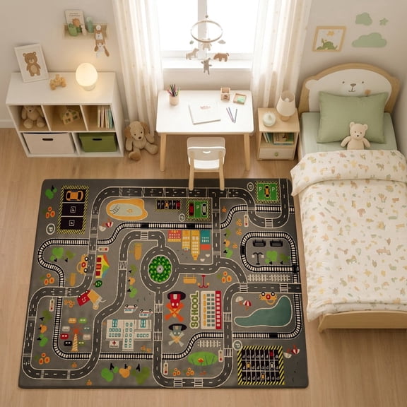 SPXUBZ Classic Grey Traffic Road Grid Map for son and daughter Play Rug, Soft Velvet City Road Map Area Rug for Playroom Bedroom, Educational Toy Car Track Floor Mat