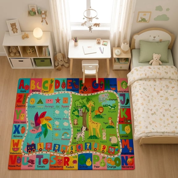 SPXUBZ Colorful Educational ABC Animals World Map for son and daughter Play Rug, Soft Velvet City Road Map Area Rug for Playroom Bedroom, Educational Toy Car Track Floor Mat