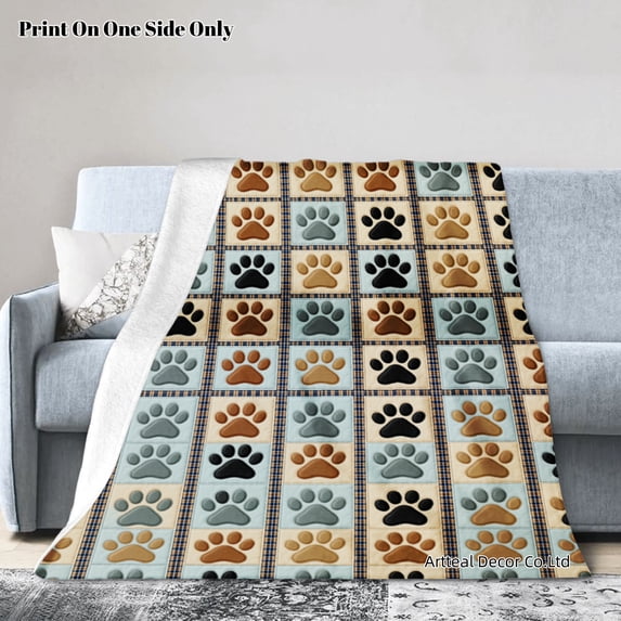 SPXUBZ Colorful Paw Prints On Plaid Flannel Throw Blankets for Couch Bed 60"x50" 80"x60" 50"x40"