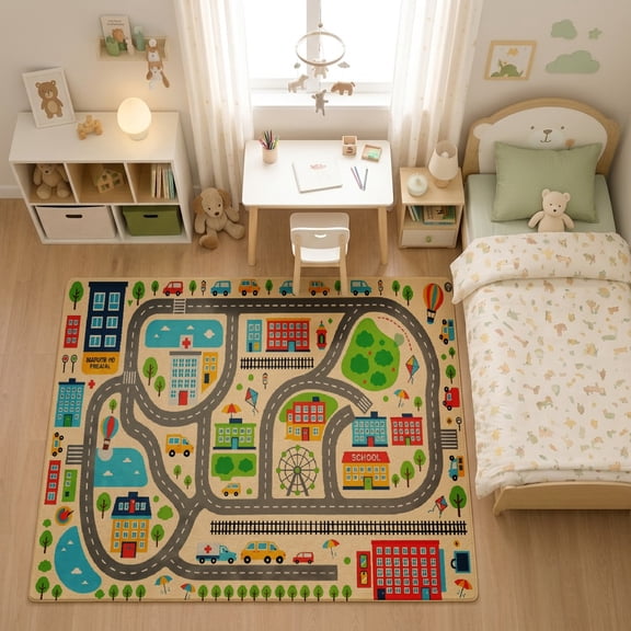 SPXUBZ Colorful Town Map with Houses Roads for son and daughter Play Rug, Soft Velvet City Road Map Area Rug for Playroom Bedroom, Educational Toy Car Track Floor Mat