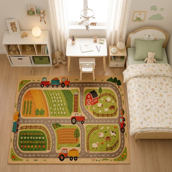 SPXUBZ Cozy Farm Fields Country Barn Road Map for son and daughter Play Rug, Soft Velvet City Road Map Area Rug for Playroom Bedroom, Educational Toy Car Track Floor Mat