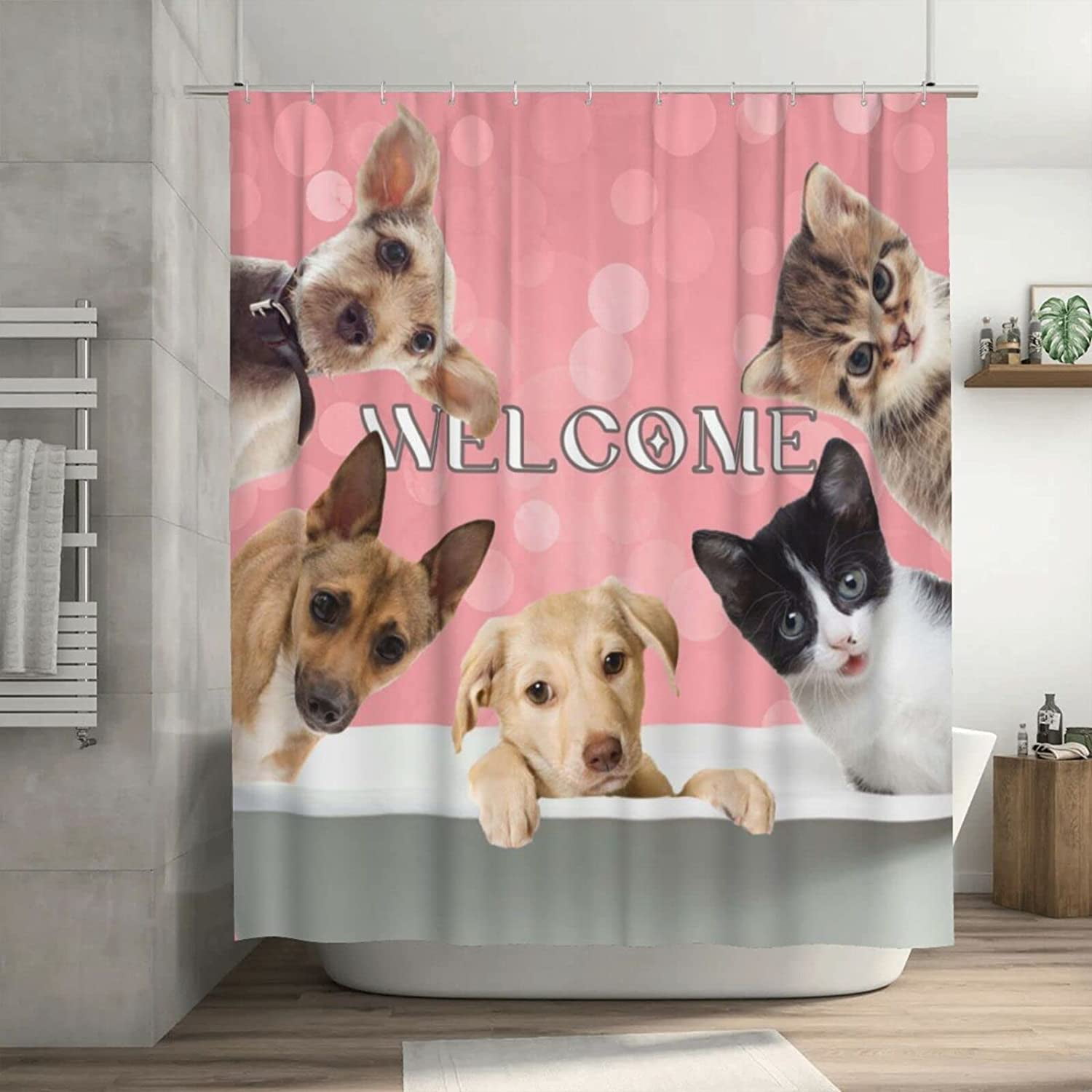 SPXUBZ Cute Dog Cat Shower Curtain Bathtub Pink Boho Shower Curtain Set