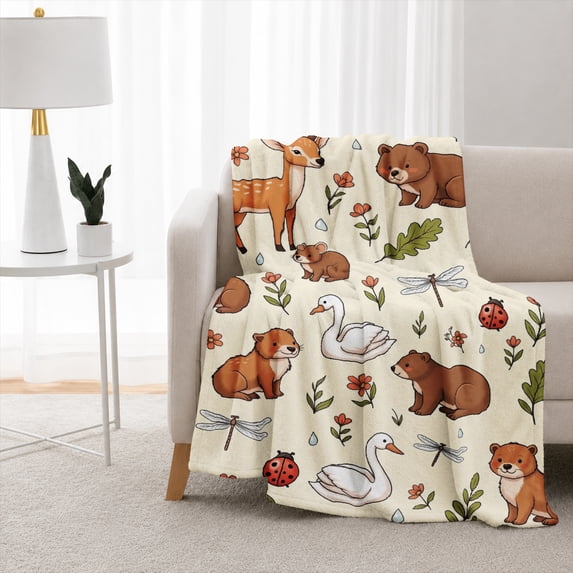 SPXUBZ Cute Forest Animals Deer Bear Beaver Swan Flannel Throw Blanket Soft Warm Cozy Fleece Blanket for Kids Nursery Couch Decor