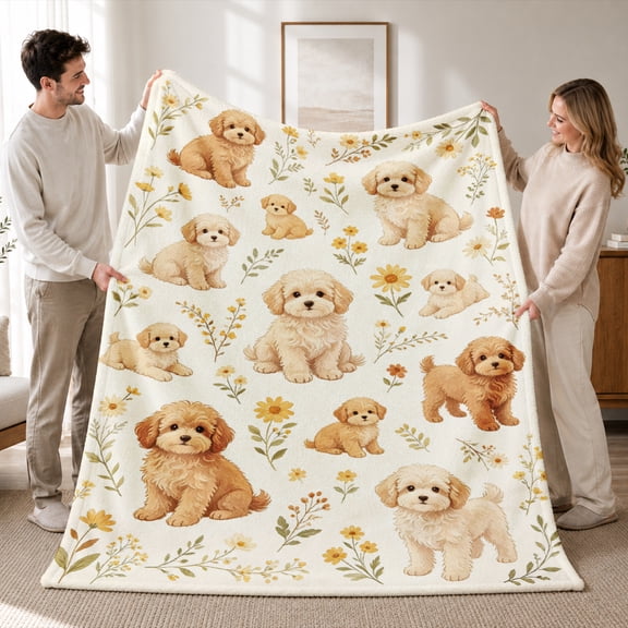 SPXUBZ Cute Puppy Flannel Fleece Throw Blanket, Vintage Dog Floral Print Soft Cozy Blanket for Sofa Bed Couch, Lightweight Decorative Home Blanket for All Seasons