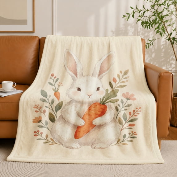 SPXUBZ Cute White Bunny Holding Carrot Botanical Art Flannel Throw Blanket Soft Warm Cozy Fleece Blanket for Kids Girls Bed Couch
