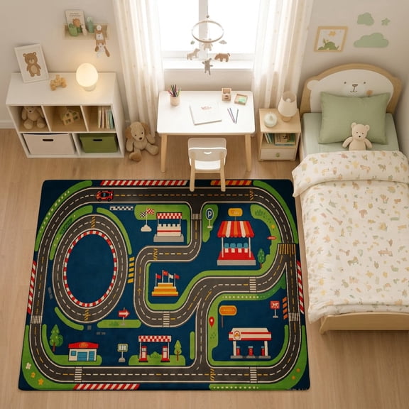 SPXUBZ Dark Blue Neon Racing Car Track Maze for son and daughter Play Rug, Soft Velvet City Road Map Area Rug for Playroom Bedroom, Educational Toy Car Track Floor Mat