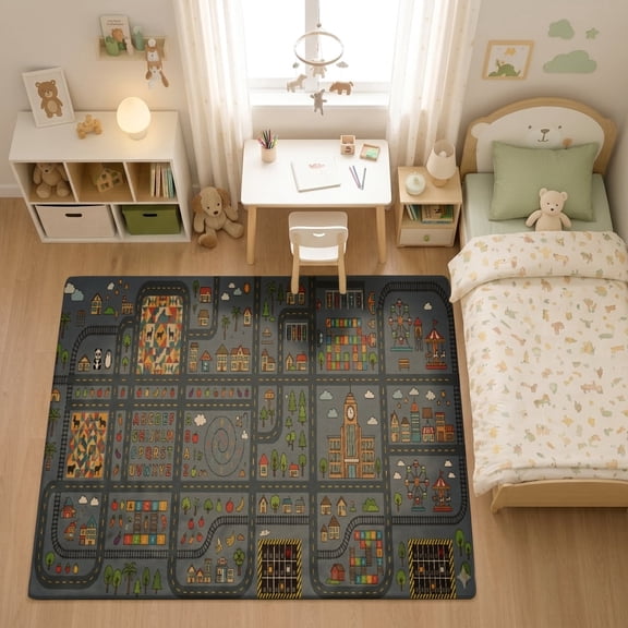 SPXUBZ Dark Grey Tech City Traffic Highway Grid for son and daughter Play Rug, Soft Velvet City Road Map Area Rug for Playroom Bedroom, Educational Toy Car Track Floor Mat