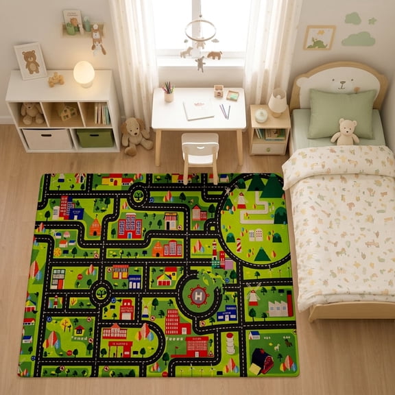 SPXUBZ Dense Urban Highway Construction Map for son and daughter Play Rug, Soft Velvet City Road Map Area Rug for Playroom Bedroom, Educational Toy Car Track Floor Mat