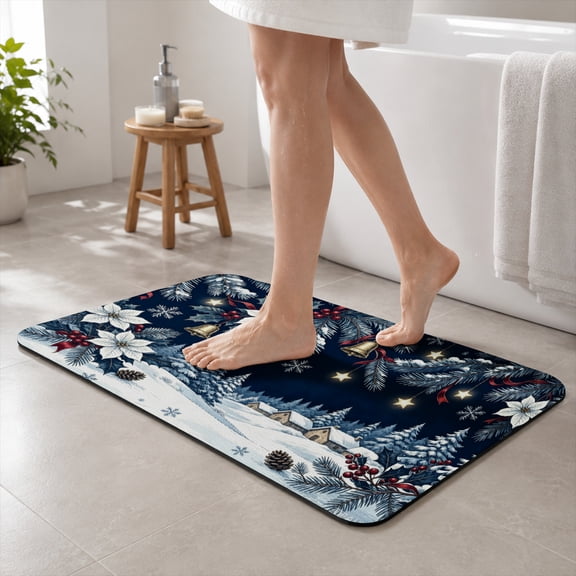 SPXUBZ Diatomaceous Earth Bath Mat Blue Winter Snow Scene Forest Village Non Slip Quick Dry Bathroom Rug