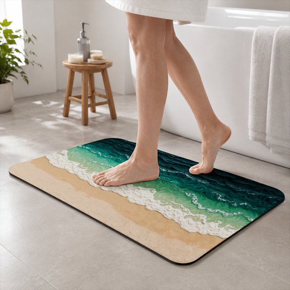 SPXUBZ Diatomite Bath Mat, Ocean Wave Beach Pattern Bathroom Floor Mat, Quick Dry Water Absorbent Non Slip Shower Mat for Bathroom Kitchen Decor