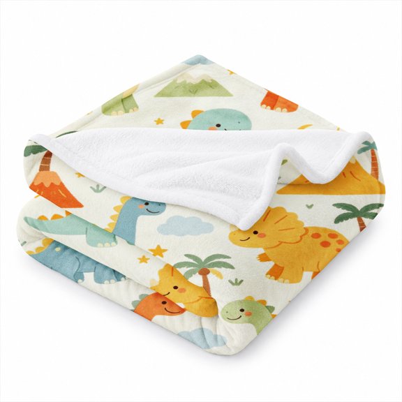 SPXUBZ Dinosaur Flannel Throw Blanket, Adorable Colorful Dinosaurs with Volcano Palm Tree and Mountain Pattern, Fun Prehistoric Theme, Soft Cozy Blanket for Kids Room Bed Sofa