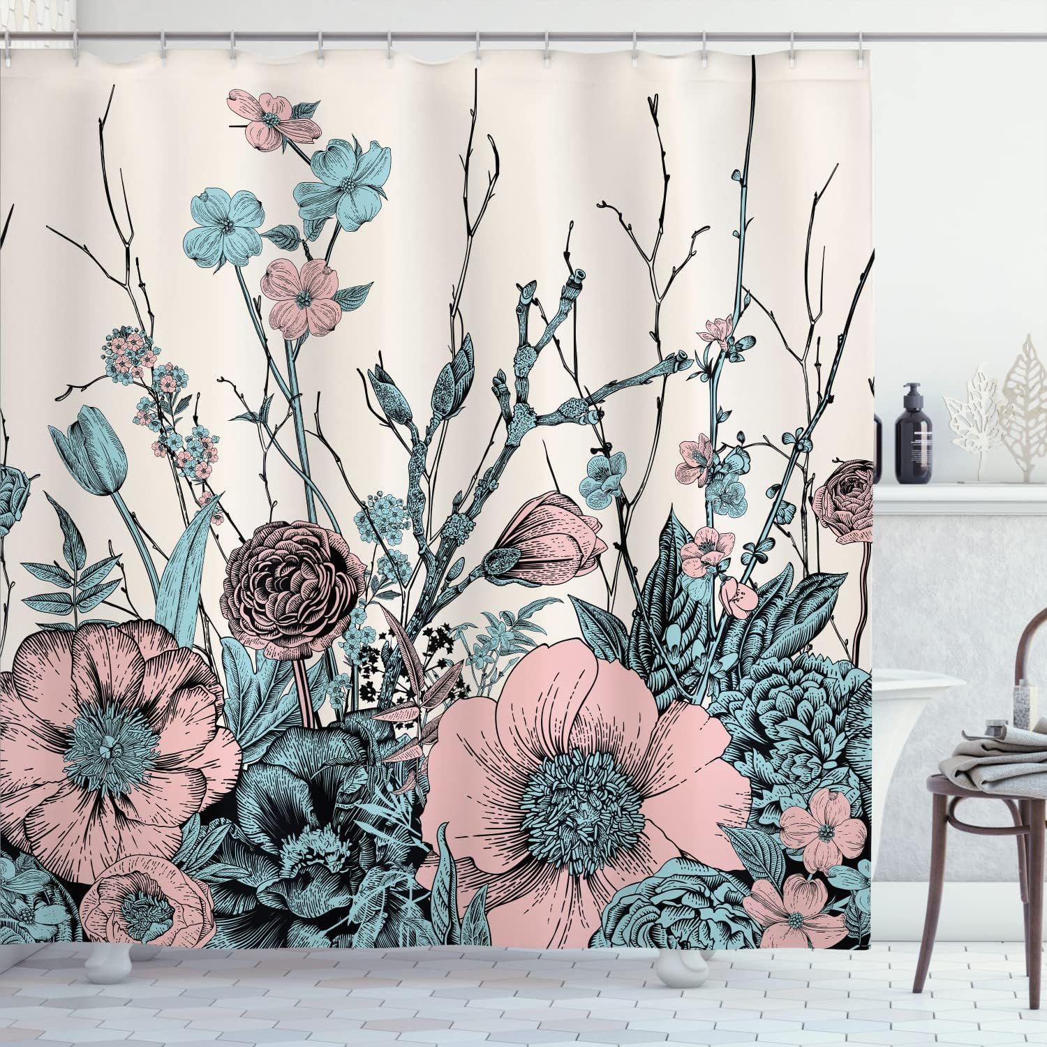 SPXUBZ Dogwood Flower Shower Curtain, Retro Spring Bush Cherry Bloom