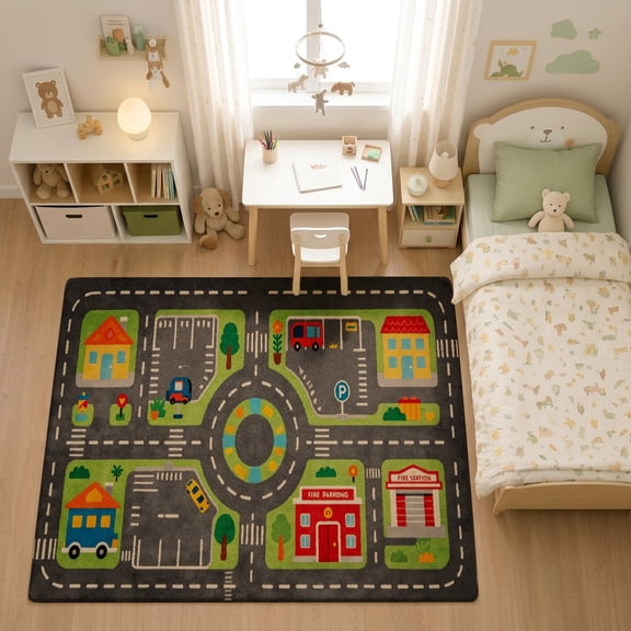 SPXUBZ Downtown Commercial City Blocks Road Map for son and daughter Play Rug, Soft Velvet City Road Map Area Rug for Playroom Bedroom, Educational Toy Car Track Floor Mat