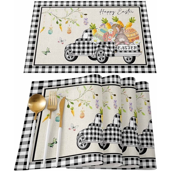 SPXUBZ Easter Placemats, Black and White Buffalo Plaid Truck Egg Bunny Carrot 18x12 Inch Placemats for Family Table Holiday Decoration Placemat Set of 6