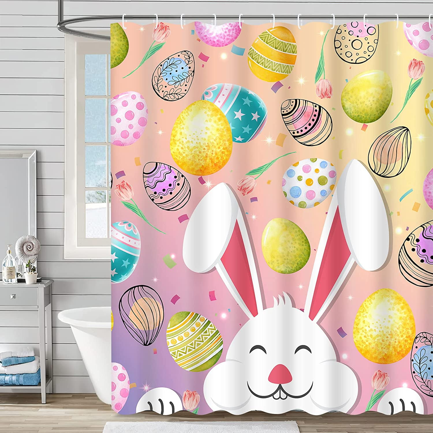 SPXUBZ Easter Shower Curtain Funny Rabbit Bathroom Curtain with 12 ...