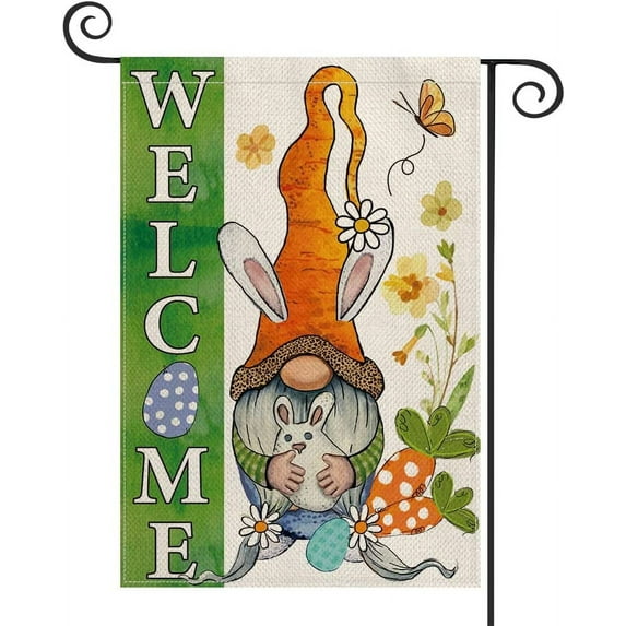 SPXUBZ Easter Welcome Garden Flag Double Sided, Bunny Rabbit Gnome Spring Holiday Rustic Yard Outdoor Flag 12x18 Inch