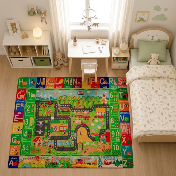 SPXUBZ Educational ABC Alphabet Farm Life Grid for son and daughter Play Rug, Soft Velvet City Road Map Area Rug for Playroom Bedroom, Educational Toy Car Track Floor Mat