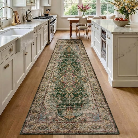 SPXUBZ Elegant Foggy Dark Green Embossed Floral Machine Washable Runner Rug, Non-Slip Stain-Resistant Long Carpet for Kitchen Hallway Bedside Laundry (1.6'x5', 1.6'x8', 1.6'x11.5', 2'x6', 2'x10')