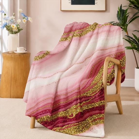 SPXUBZ Elegant Pink Gold Marble Glitter Texture Flannel Throw Blanket Soft Warm Cozy Fleece Blanket for Women Girls Bedroom Decor