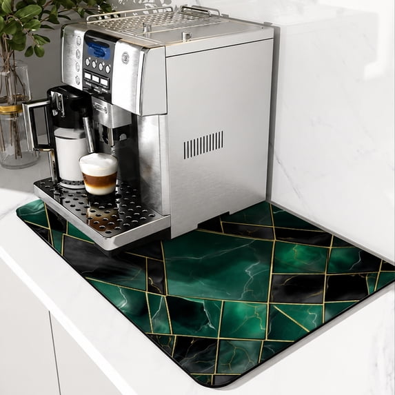 SPXUBZ Emerald Marble Coffee Mat, Super Absorbent Coffee Bar Mat, Kitchen Counter Drying Pad, Coffee Machine Mat, Non Slip Countertop Protector, Quick Dry Dish Drying Mat