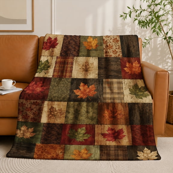SPXUBZ Fall Autumn Maple Leaves Plaid Patchwork Grid Flannel Throw Blanket Soft Warm Cozy Fleece Blanket for Thanksgiving Decor