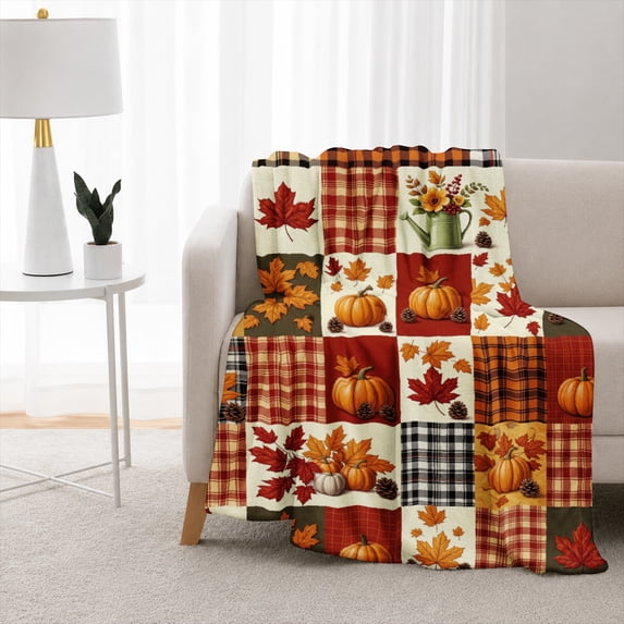 SPXUBZ Fall Flannel Fleece Blanket, Soft Throw Blanket with Pumpkin Leaf Patchwork Design, Cozy Warm Blanket for Home Sofa Bedroom 60"x50"