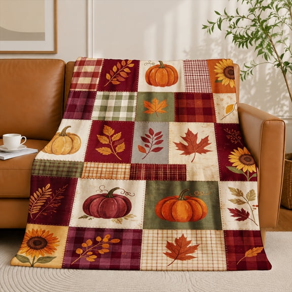 SPXUBZ Fall Flannel Throw Blanket, Pumpkin Sunflower Plaid Autumn Leaf Patchwork Pattern, Soft Cozy Blanket for Couch Sofa Bed