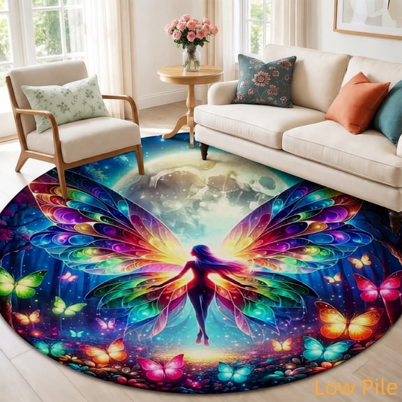 SPXUBZ Fantasy Butterfly Angel Girl Wings Vibrant Art Round Area Rug, Soft Velvet Circle Carpet Non-Slip Floor Mat for Living Room Bedroom Home Decor
