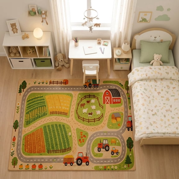 SPXUBZ Farm Animals Barn Field Tractors Play Map for son and daughter Play Rug, Soft Velvet City Road Map Area Rug for Playroom Bedroom, Educational Toy Car Track Floor Mat