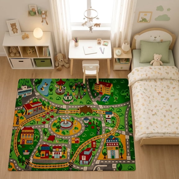 SPXUBZ Farm Town Countryside Play Map for son and daughter Play Rug, Soft Velvet City Road Map Area Rug for Playroom Bedroom, Educational Toy Car Track Floor Mat
