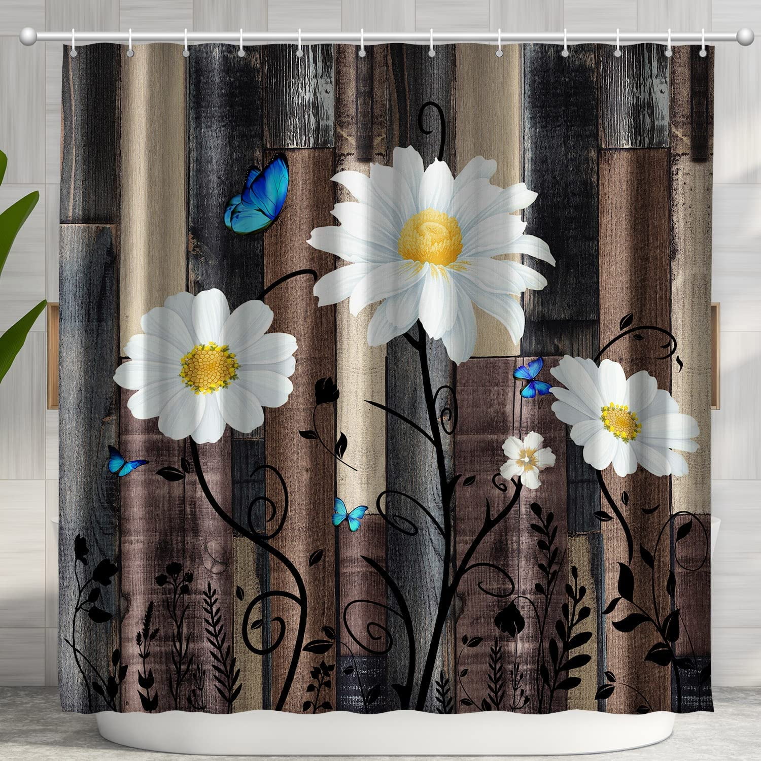 SPXUBZ Farmhouse Daisy Shower Curtain Set, Country Farmhouse Floral