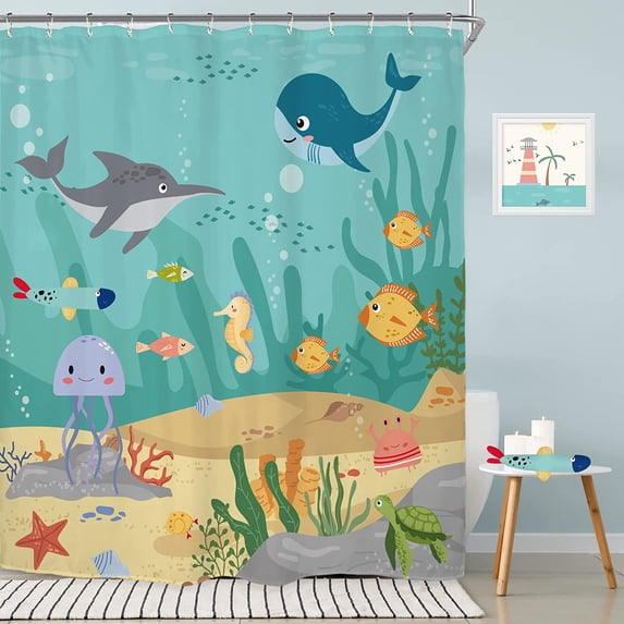 SPXUBZ Fish Underwater Kids Shower Curtain Bathroom Accessories 72Wx72H Inch Shark Whale Ocean Sea Cartoon Baby Animal Child for Boy Girls Fabric Bathroom Decor 12 Pack Plastic Hooks