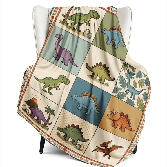 SPXUBZ Flannel Fleece Blanket Soft Warm Cute Colorful Dinosaurs Grid Quilt Pattern Throw Blanket Light Cozy Bed Blanket for Kids Room