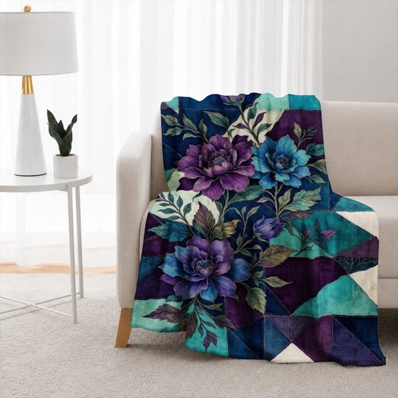 SPXUBZ Flannel Fleece Blanket Soft Warm Purple Blue Flowers Geometric Quilt Pattern Throw Blanket Light Cozy Bed Blanket for Couch Sofa