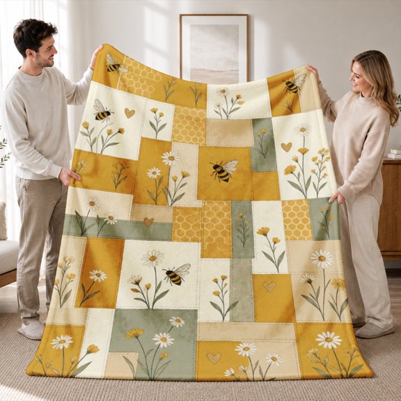 SPXUBZ Flannel Fleece Blanket Soft Warm Yellow Geometric Quilt Block Pattern Throw Blanket Light Cozy Bed Blanket for Couch Sofa Home Decor