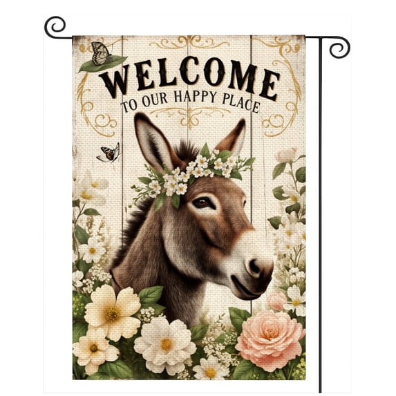 SPXUBZ Floral Garland Donkey Welcome Painting Garden Flag, Polyester Outdoor Lawn Yard Decorative Flag, 12x18 Inch