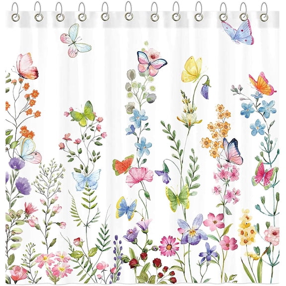 SPXUBZ Floral Plant Watercolor Flower Butterfly Shower Curtain Set with Hooks Polyester 72"x72"inch
