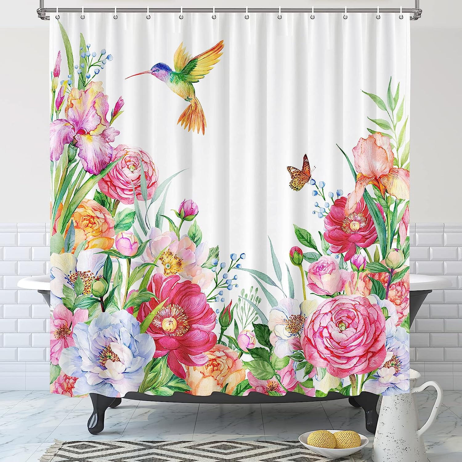 SPXUBZ Flower Hummingbird Shower Curtain for Bathroom Machine Washable