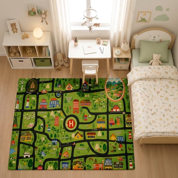 SPXUBZ Forest Park Winding Roads Track for son and daughter Play Rug, Soft Velvet City Road Map Area Rug for Playroom Bedroom, Educational Toy Car Track Floor Mat