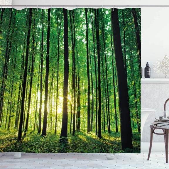 SPXUBZ Forest Shower Curtain, Green Woodland at Sunrise Scenic Morning Nature Environment Ecology Serenity, Cloth Fabric Bathroom Decor Set with Hooks, 72x72 inch, Green Black Yellow
