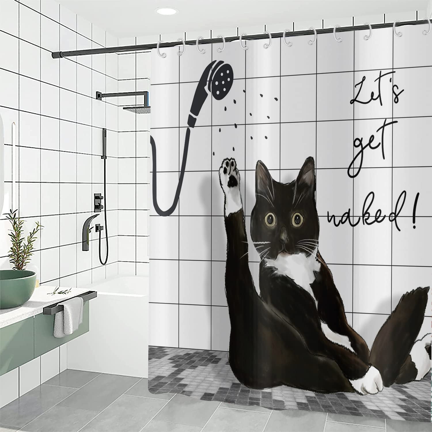 SPXUBZ Funny Cat Shower Curtain, Cute Black White Cat Taking Shower