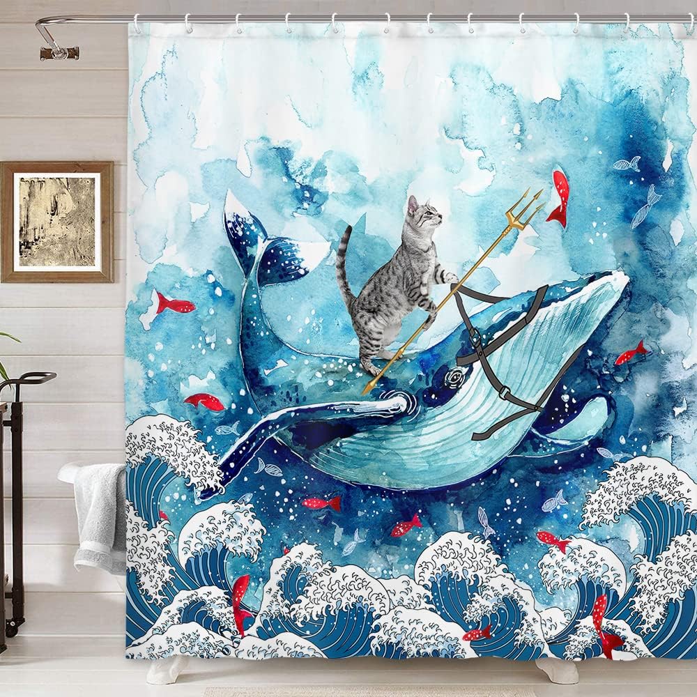 SPXUBZ Funny Cat Whale Shower Curtain, Hilarious Cat Holding Trident